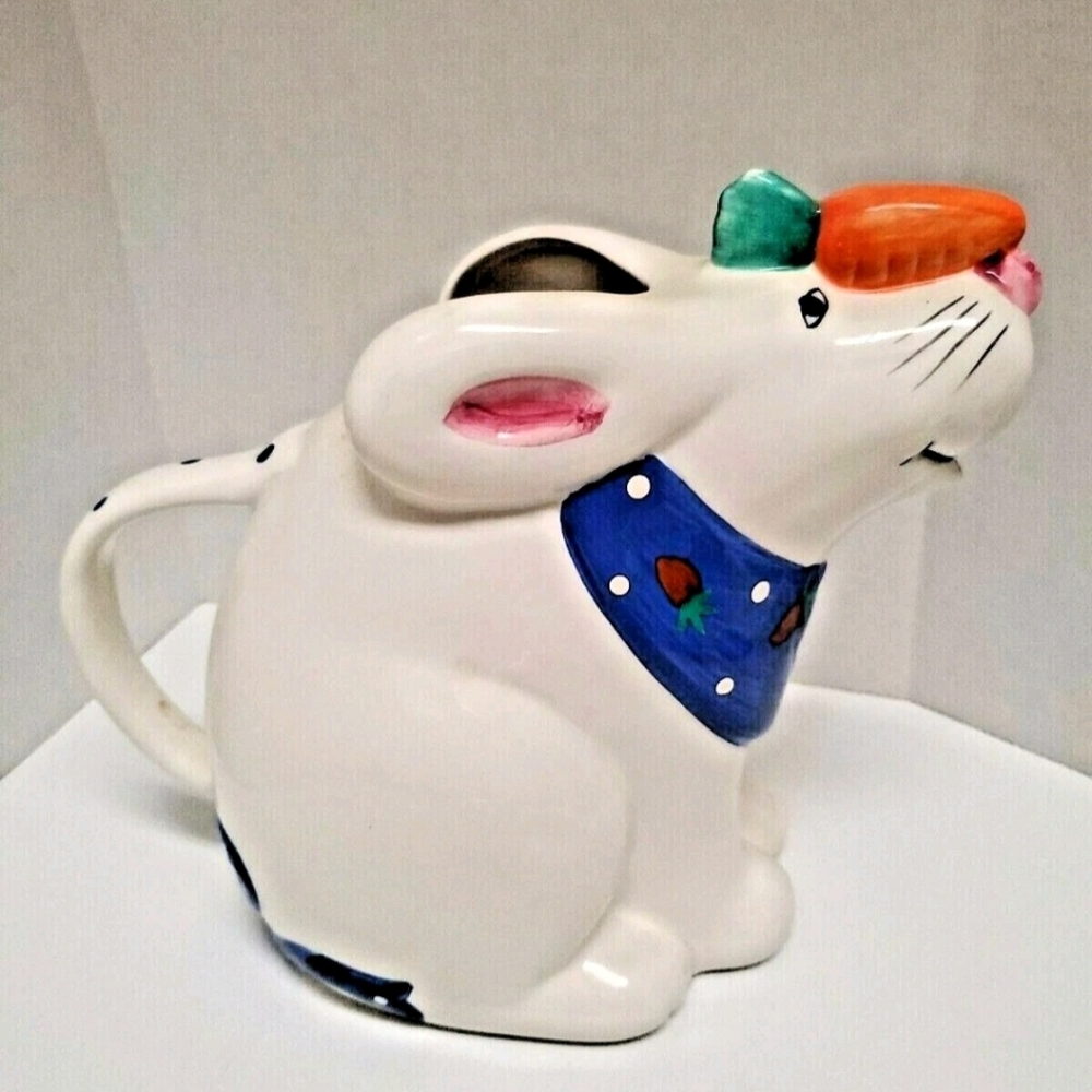 Coco Dowley Adorable Rabbit w/ Carrot on His Nose & a Blue Bandana Pitcher